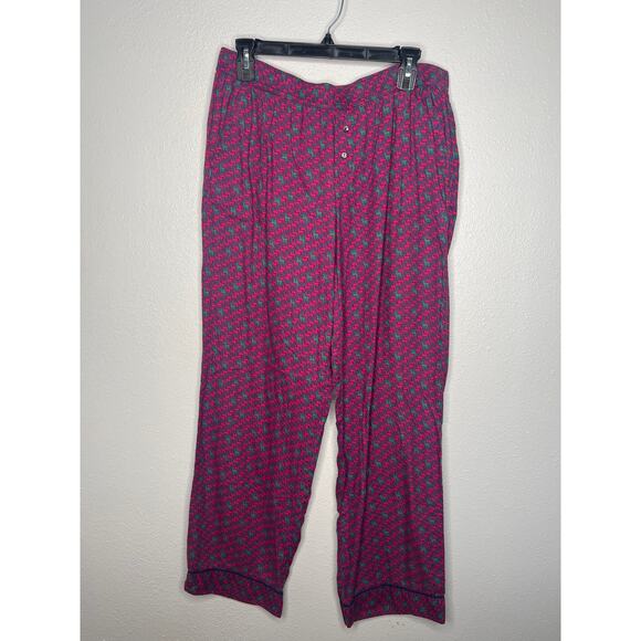 Victorias Secret Holiday Pajama Pants Pink Green Button Front Pull On Ankle Sz M - Picture 1 of 2